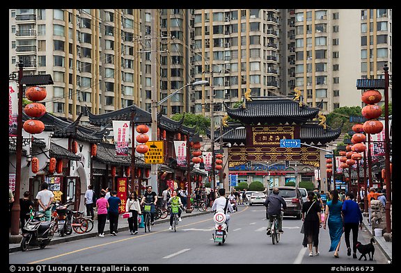 Fangbang Middle Road restored old buildings and modern towers. Shanghai, China (color)