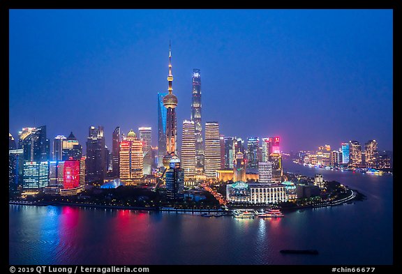 Shanghai skyline at dusk from above. Shanghai, China (color)