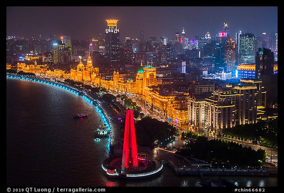 Illuminated Bund at night from above. Shanghai, China (color)