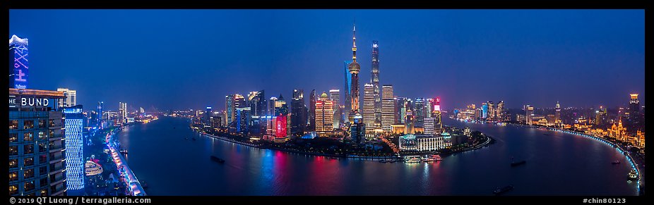 Shanghai Bund skyline at dusk from above. Shanghai, China (color)