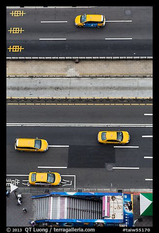 Taxis on street seen from above. Taipei, Taiwan