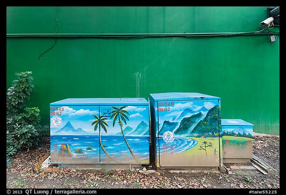 Painted electric utilities boxes with surveillance camera. Taipei, Taiwan (color)