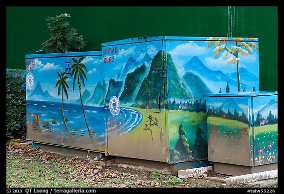 Decorated electric utilities boxes and wall. Taipei, Taiwan