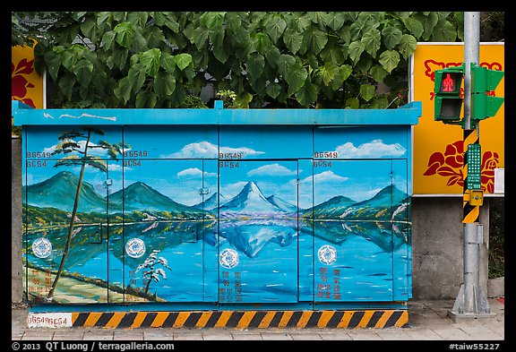 Electric utility boxe with nature landscape painting. Taipei, Taiwan