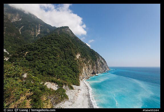 Lush mountains drop into azure ocean. Taroko National Park, Taiwan (color)