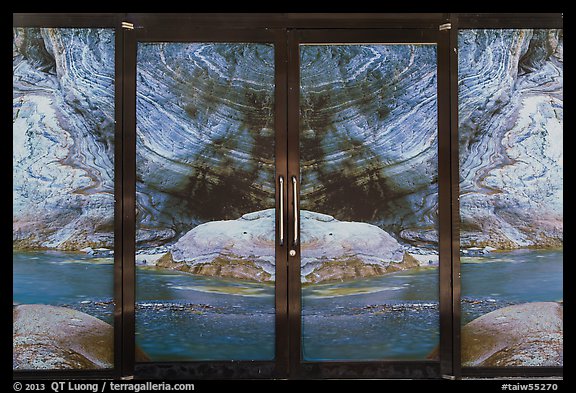 Doors decorated with photograph of the gorge. Taroko National Park, Taiwan