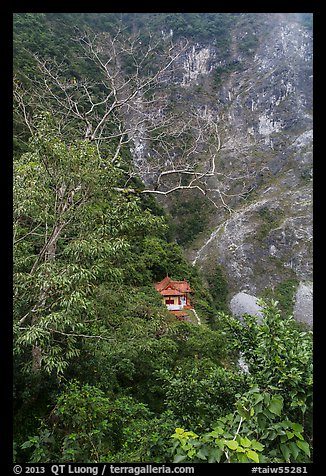 Trees, temple, and cliffs, Taroko Gorge. Taroko National Park, Taiwan (color)