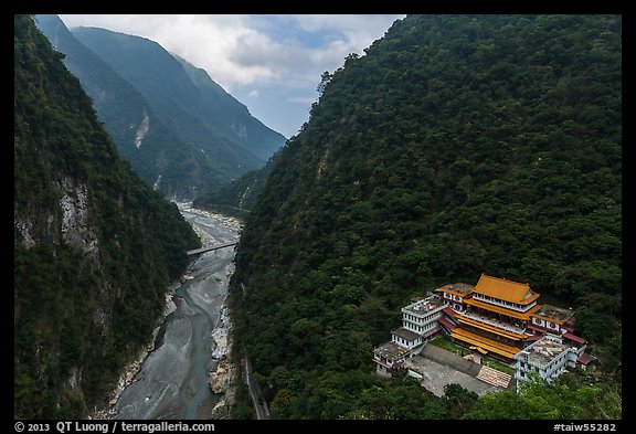 River gorge and temple. Taroko National Park, Taiwan (color)