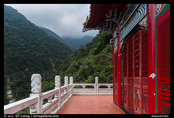 Red temple and green mountains. Taroko National Park, Taiwan