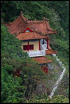 Temple with red tile roof seen from above, Taroko Gorge. Taroko National Park, Taiwan ( color)