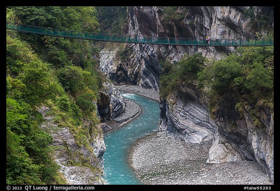 Gorge and suspension bridge, Taroko Gorge. Taroko National Park, Taiwan (color)