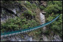 Suspension bridge with hikers. Taroko National Park, Taiwan (color)