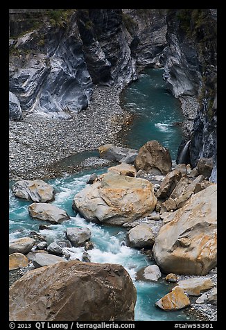 Boulders, marbled walls, and azure stream,. Taroko National Park, Taiwan