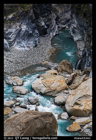 Boulders, marbled walls, and azure stream,. Taroko National Park, Taiwan