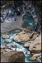 Boulders, marbled walls, and azure stream,. Taroko National Park, Taiwan (color)