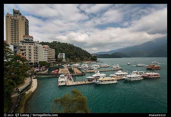 Shueishe Village waterfront and pier. Sun Moon Lake, Taiwan (color)