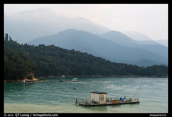 Houseboats and misty mountains. Sun Moon Lake, Taiwan (color)