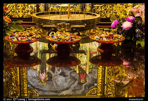 Reflections on altar table top, Wen Wu temple. Sun Moon Lake, Taiwan (color)