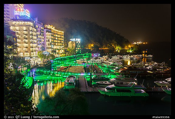 Harbor and waterfront at night, Shueishe Village. Sun Moon Lake, Taiwan (color)