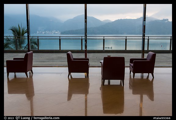 Chairs in hotel lobby with view of lake. Sun Moon Lake, Taiwan (color)