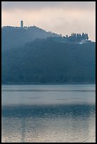 Syuanzang Temple and Tsen Pagoda in dawn mist. Sun Moon Lake, Taiwan ( color)