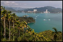 Palm trees, lake, and Sun Moon Lake Village. Sun Moon Lake, Taiwan (color)