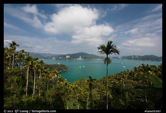 Wide view of lake with palm trees. Sun Moon Lake, Taiwan (color)