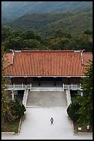 Woman and temple from above, Tsen Pagoda. Sun Moon Lake, Taiwan (color)