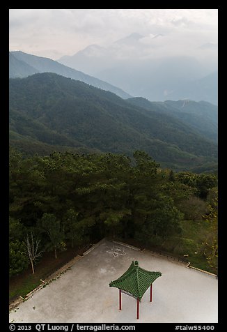 Pavilion from above and misty mountains, Tsen Pagoda. Sun Moon Lake, Taiwan