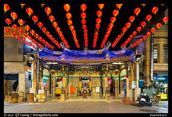Temple and red paper lanterns at night. Lukang, Taiwan