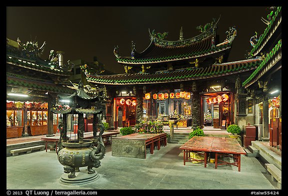 Courtyard, Tienhou (Matzu) Taoist Temple at night. Lukang, Taiwan (color)