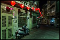 Nine-turns lane with red paper lanterns at night. Lukang, Taiwan (color)