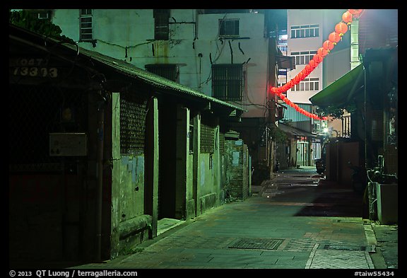 Old houses and lanterns on Chinseng Lane at night. Lukang, Taiwan