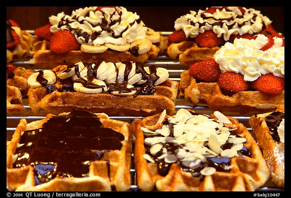 Belgian waffles with a variety of toppings. Brussels, Belgium