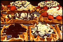 Belgian waffles with a variety of toppings. Brussels, Belgium