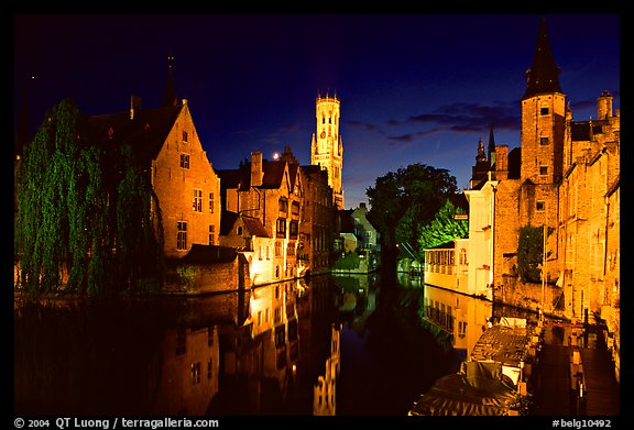 Old houses and beffroi Quai des Rosaires, night. Bruges, Belgium (color)