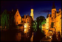 Old houses and beffroi Quai des Rosaires, night. Bruges, Belgium