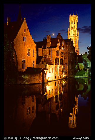 Old houses and belfry, Rozenhoedkaai, night. Bruges, Belgium (color)