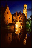 Old houses and belfry, Rozenhoedkaai, night. Bruges, Belgium ( color)