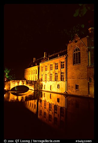 Houses and bridge reflected in canal at night. Bruges, Belgium (color)