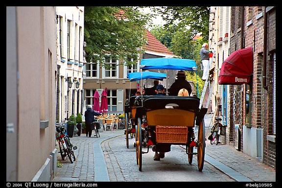 Horse carriage in a narrow street. Bruges, Belgium (color)