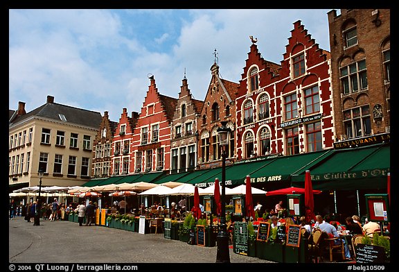 Restaurants and old houses on the Markt. Bruges, Belgium (color)