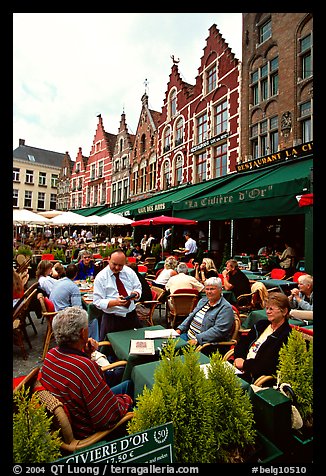 People in restaurants on the Markt. Bruges, Belgium (color)