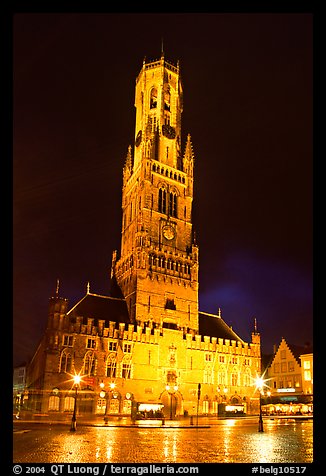 Halletoren belfry at night. Bruges, Belgium (color)