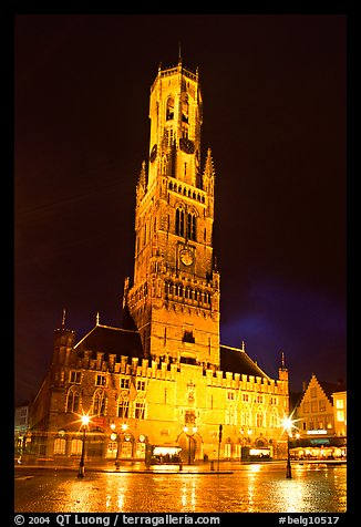 Halletoren belfry at night. Bruges, Belgium