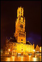 Halletoren belfry at night. Bruges, Belgium (color)