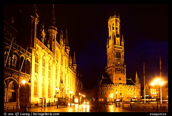 Provinciall Hof and belfort at night. Bruges, Belgium (color)