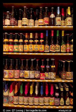 Large selection of bottled beers. Bruges, Belgium (color)