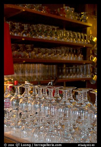 Glasses of various shapes used to drink beer. Brussels, Belgium (color)