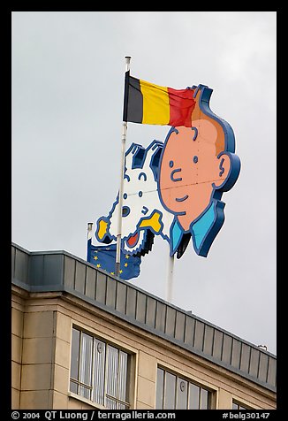 Tintin, Milou, and Belgian flag. Brussels, Belgium